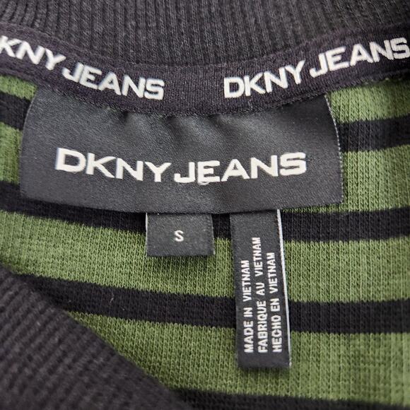 SALE DKNY Jeans Green Black Stripe Mutton Sleeve Pullover Knit Top Sweater Small - Picture 3 of 6